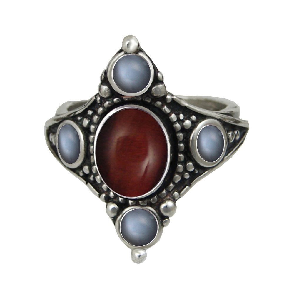 Sterling Silver Renaissance Queen's Ring With Red Tiger Eye And Grey Moonstone Size 12 Sterling Silver Renaissance Queen's Ring With Red Tiger Eye And Grey Moonstone Size 12